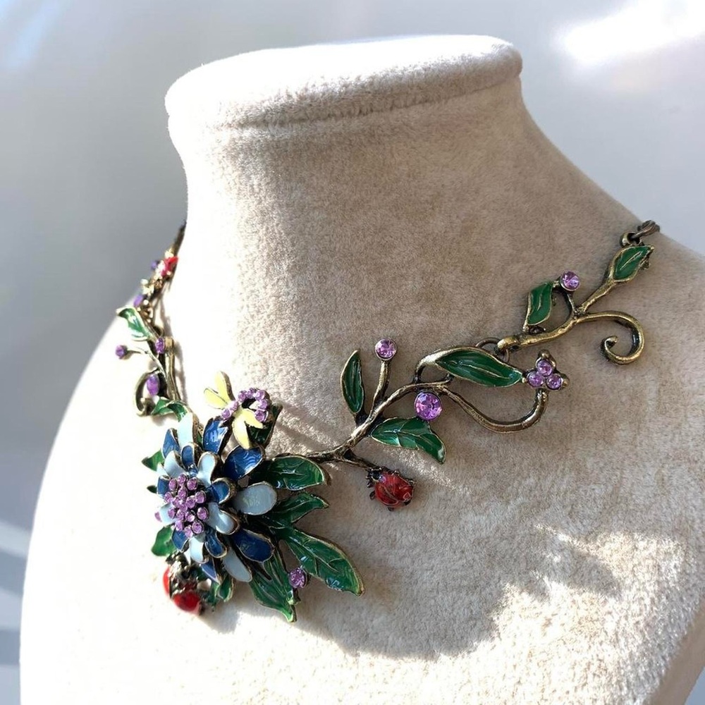 Fairy Enamel Statement Necklace in Green, Blue & Purple lady bug dragonfly y2k - Picture 3 of 8